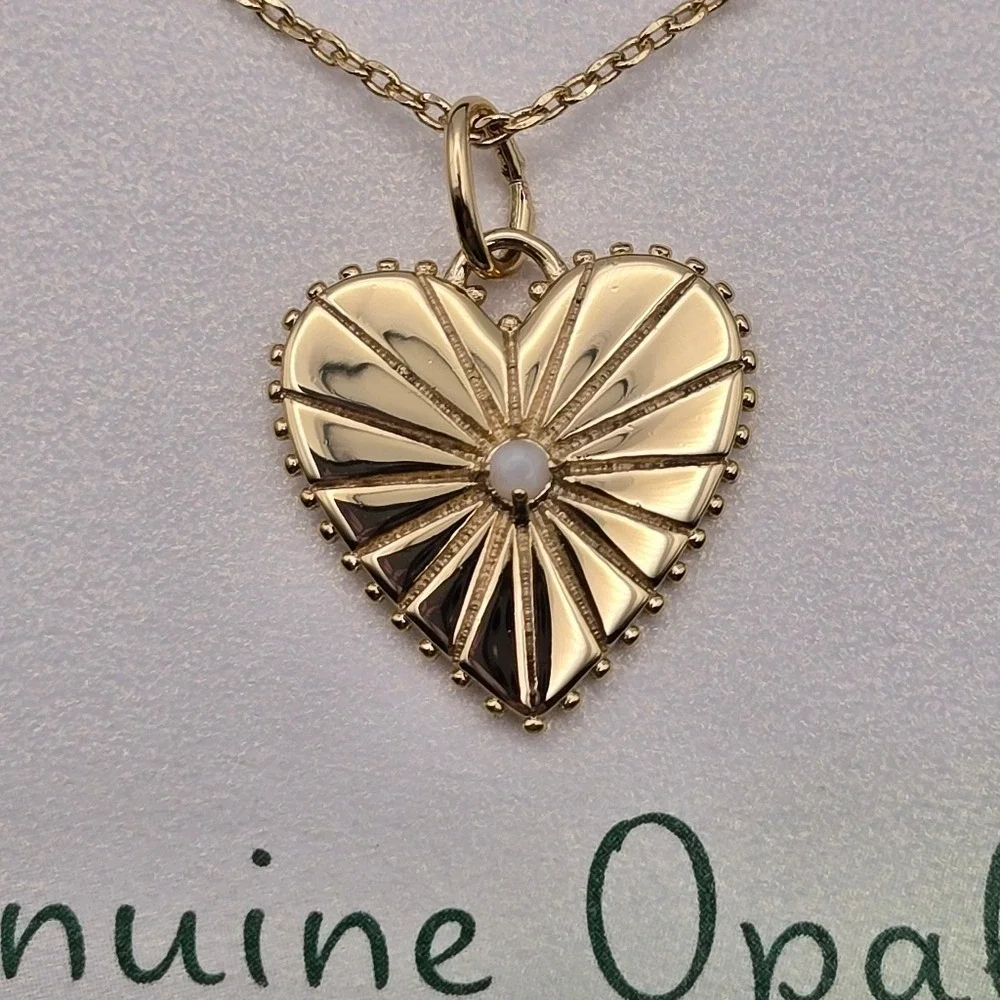 14K  Gold Dipped Genuine Opal Stone Heart Pendant  Necklace 16